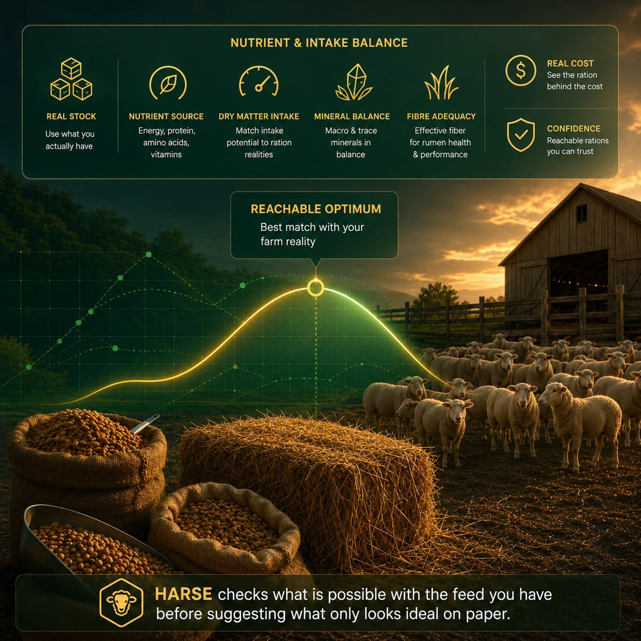 HARSE visual showing real stock, nutrient and intake balance, real cost, confidence, and reachable optimum.