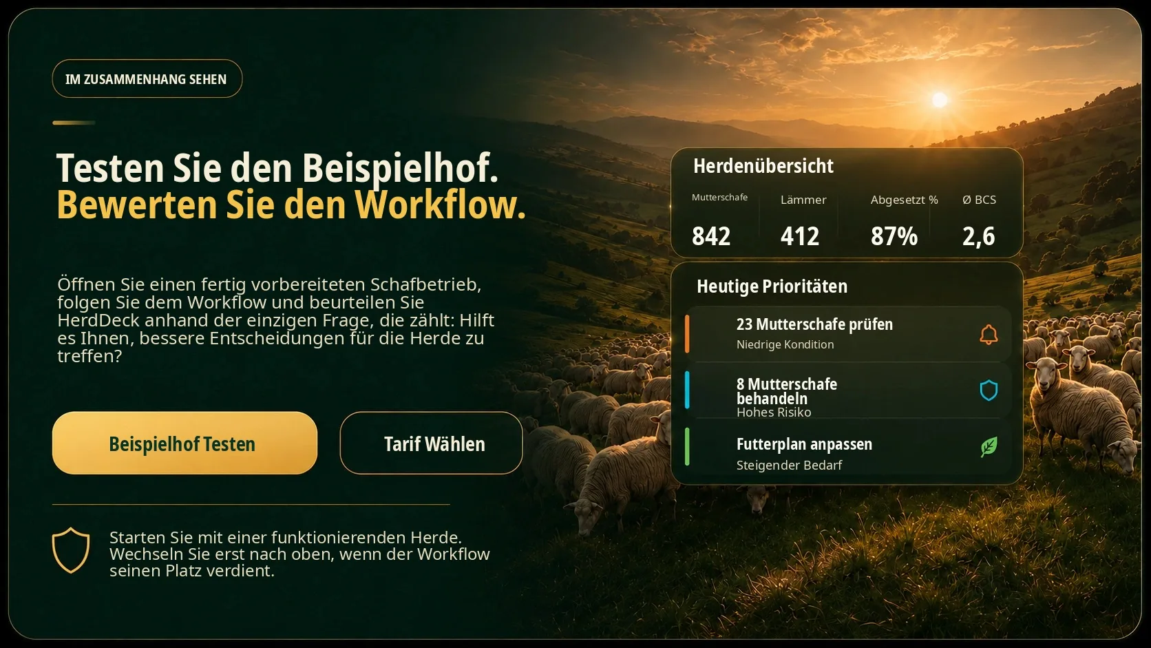 HerdDeck Demo-Daten-Panel zur Bewertung des Workflows im Zusammenhang