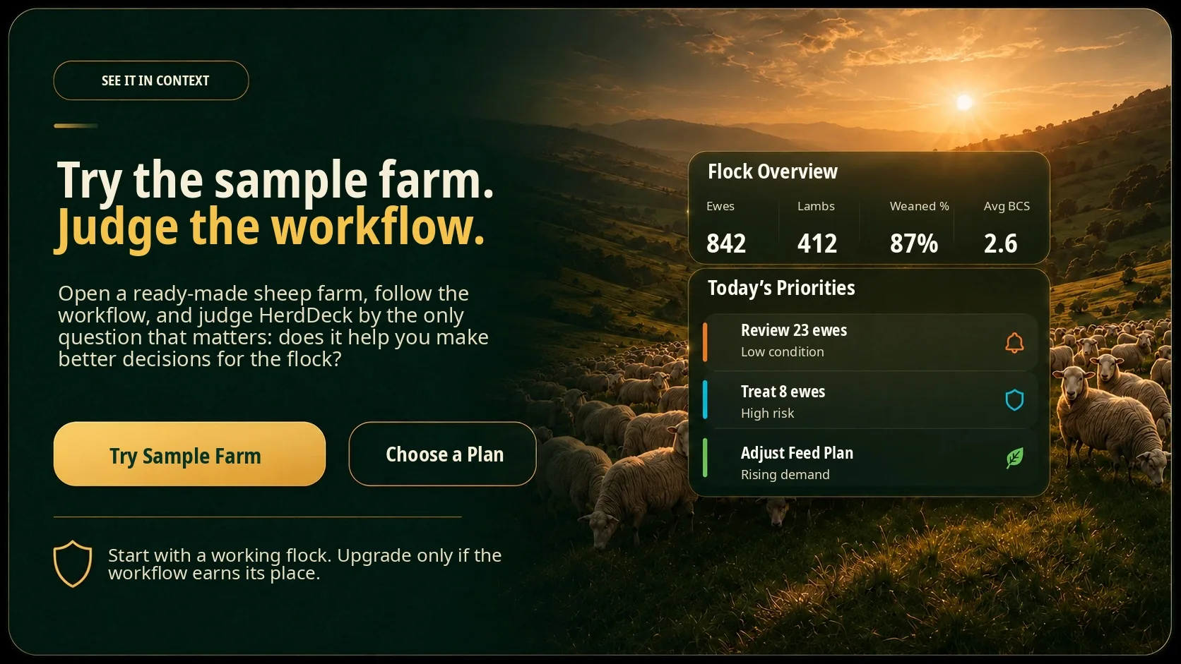 HerdDeck demo data panel showing workflow evaluation in context