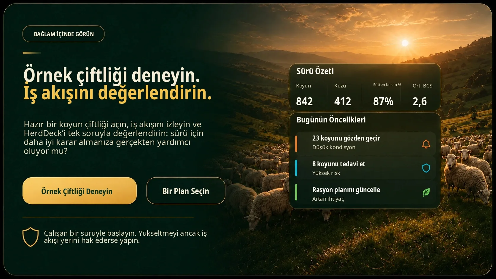 HerdDeck Demo paneli; iş akışını bağlam içinde değerlendirmeyi gösterir
