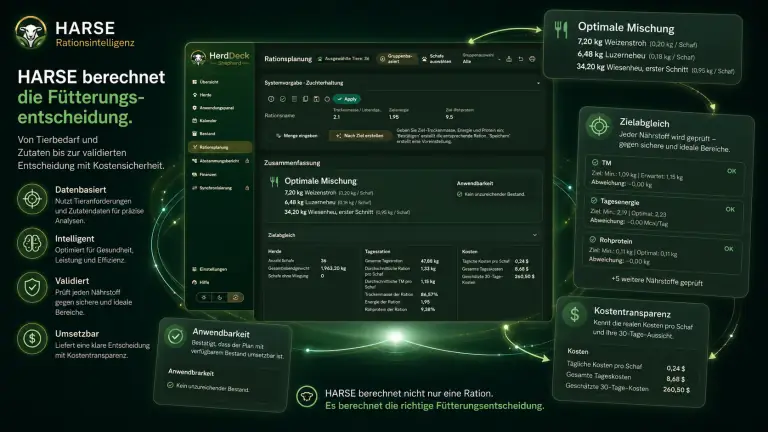 HARSE-Produktpanel mit Rationsplanung, optimaler Mischung, Zielabgleich, Anwendbarkeit und Kostentransparenz