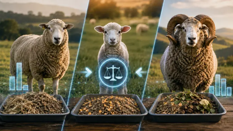 Different sheep groups connected to different ration adjustments through a blue futuristic HARSE decision layer